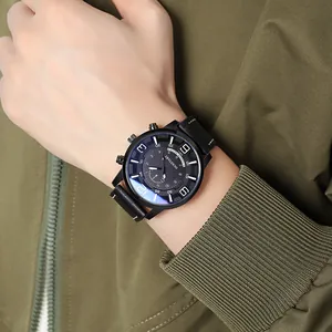 Montre à quartz pour hommes avec bracelet en cuir noir et cadran à grands chiffres