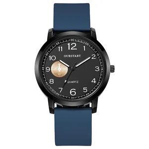 Macro shot of quartz watch with black dial, blue silicone strap and golden sub-dial detail