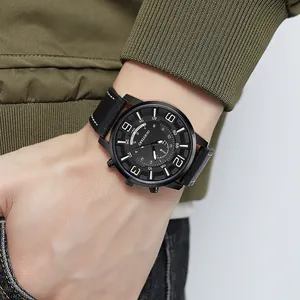 Gros plan sur la montre homme OURSTART avec bracelet en cuir noir et boîtier métal