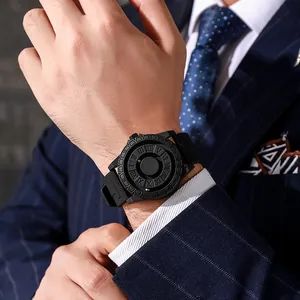 Detail view of black magnetic ball watch with roman numerals on a creative matte dial