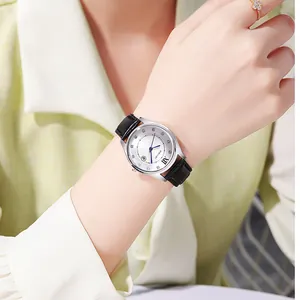 Elegant ladies quartz watch with silver case, sunray white dial and black leather strap