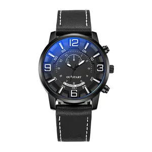 Montre à quartz pour hommes avec effet verre bleu, bracelet en cuir noir et boîtier en alliage