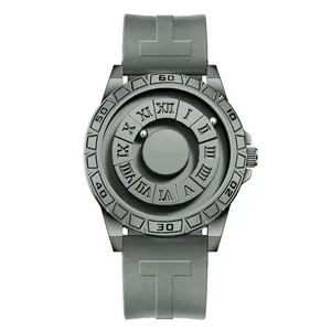 Detail view of magnetic ball watch with roman numerals and matte grey silicone strap