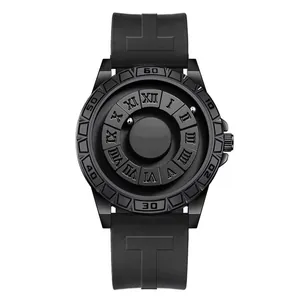 Minimalist black magnetic ball watch with Roman numerals and rubber strap