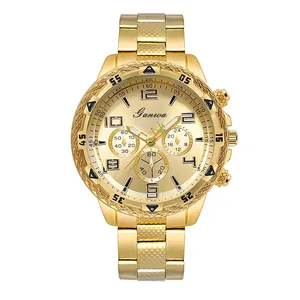 Golden stainless steel men's watch with three-eye dial design and metal link bracelet