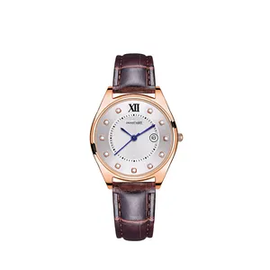 Women's rose gold quartz watch with brown leather strap and sunray diamond dial