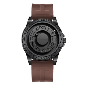 Creative black magnetic ball watch for men with matte finish and brown rubber strap