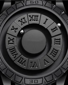 Macro detail of matte black magnetic ball watch with 3D Roman numerals and tactile metal texture