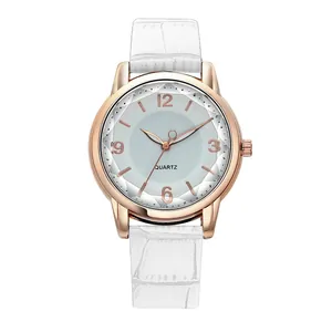 Elegant women's quartz watch with rose gold case, faceted crystal, and white leather strap