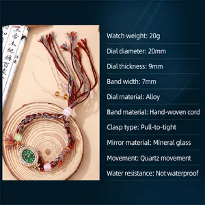 Detail view of ethnic woven watch with diamond bezel and product specifications