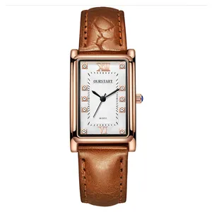 Macro detail of square quartz watch with rose gold case, white textured dial and blue crown