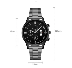 Detail of multi-functional quartz watch with 40mm black dial and metal strap