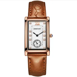 Macro detail of rose gold square watch with textured leather strap and white dial