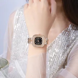 Elegant rose gold rectangular quartz watch for women with rhinestone-set bezel and metal band
