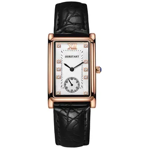 Detail of rectangular rose gold watch with guilloché dial and black leather strap
