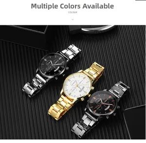 Macro detail of men's business quartz watches with metal straps in gold, silver and black