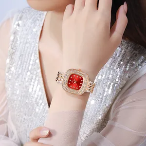 Elegant women's quartz watch with red square diamond dial and rose gold steel strap