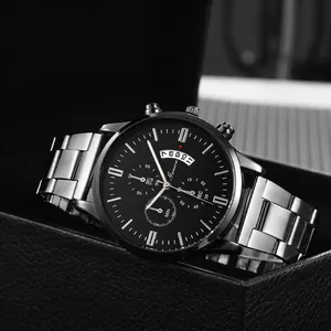 Men Business Casual Quartz Watch With Alloy Steel Band Three-Eye Dial Display Calendar Luminous Hands Fashion Wristwatch