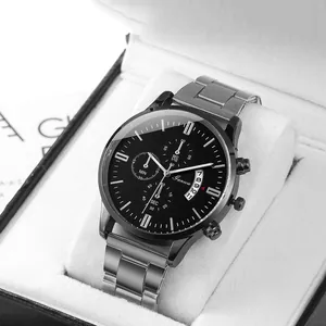 Business men's Geneva chronograph watch with steel band and black dial on white cushion