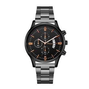 Men's chronograph quartz watch with black stainless steel band and rose gold dial accents
