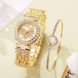 Elegant gold quartz watch with rhinestone butterfly dial and matching heart bracelet set