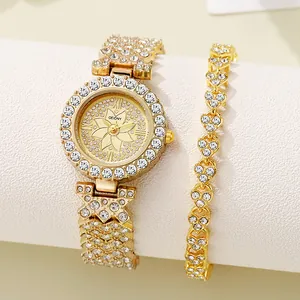 Elegant gold alloy watch and heart bracelet set with sparkling crystals and floral dial