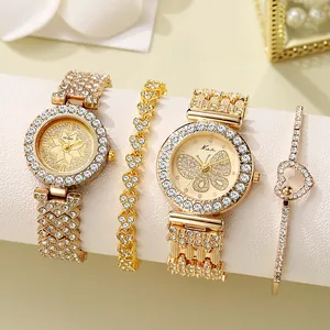 Luxury Women Quartz Watch Bracelet Set Gold Tone Rhinestone Inlaid Flower Butterfly Pattern Alloy Wristwatch For Ladies Party Jewelry Gift