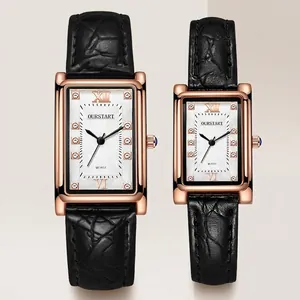 Vintage Rectangular Quartz Watch For Men Women Rhinestone Roman Numerals Alloy Case Faux Leather Strap Fashion Watch