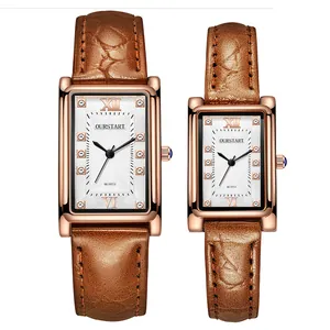 OURSTART rectangular rose gold quartz watches with brown leather straps for couples