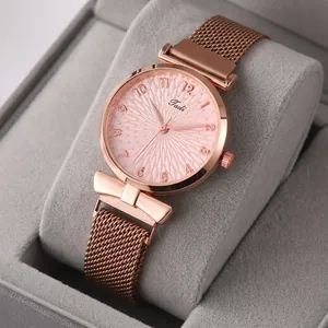 Montre à Quartz pour Femme Motif Tournesol avec Bracelet Milanais Magnétique Or Rose Acier Inoxydable Montre Bijou