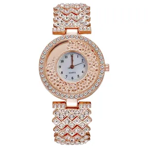 Orologio di lusso donna in oro rosa con strass, cinturino di cristallo e quadrante bianco