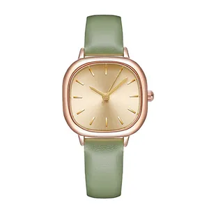 Elegant rose gold square women's watch with green leather strap and champagne dial