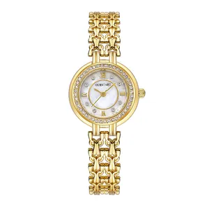 Elegant gold women's watch with mother of pearl dial and sparkling crystal bezel