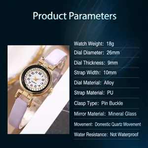 Detail view of small dial quartz watch with diamond bezel and light purple strap