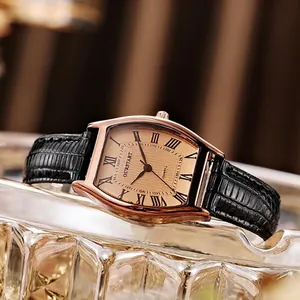 Montre à Quartz Tonneau Vintage pour Femme Rétro Cadran à Chiffres Romains Bracelet en Similicuir Élégante Montre-Bracelet Bijoux