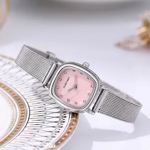 Women Fashion Square Quartz Watch Rhinestone Markers Dial Silver Stainless Steel Mesh Band Elegant Ladies Casual Wristwatch
