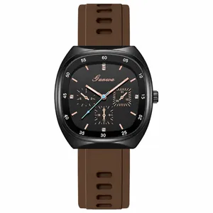 Moderne schwarze quadratische Damenuhr mit Roségold-Indizes und braunem Silikonarmband