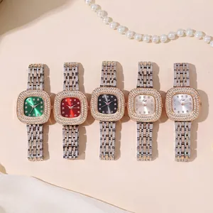 Elegant Women Square Quartz Watch Encrusted With Rhinestones Alloy Case Stainless Steel Metal Band Fashion Wristwatch