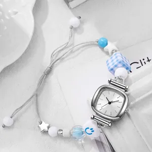 Women Square Quartz Watch With Braided Nylon Strap Ceramic Beads Adjustable Smile Face Sweet Fashion Student Wristwatch