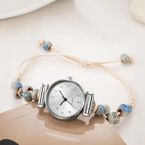Reloj de Pulsera de Cuarzo Bohemio para Mujer Cuerda Trenzada Cuentas de Cerámica Caja Redonda de Aleación Estilo Étnico