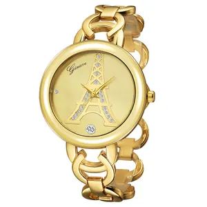 Montre à Quartz de Mode pour Femme Bracelet Chaîne en Alliage Cadran Tour Eiffel avec Strass