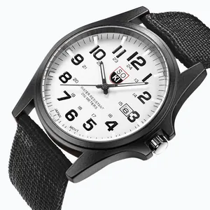 Detail of SOKI military quartz watch with black nylon strap and calendar dial window