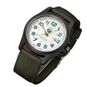 Army style quartz watch with green nylon strap and white dial for outdoor sports