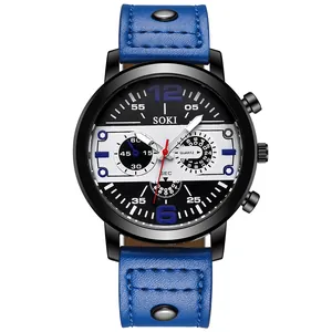 Montre SOKI homme business quartz avec bracelet cuir bleu et boîtier en métal noir mat