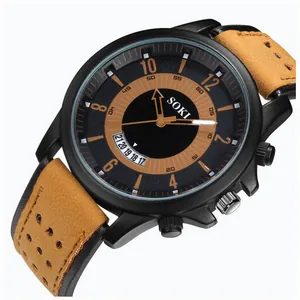 Reloj de cuarzo militar SOKI para hombre con correa de cuero marrón y esfera con fecha negra