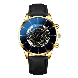 Montre à Quartz Geneva pour Hommes Mode Affaires Décontracté Boîtier en Alliage Bracelet en Cuir PU Cadran Rond Affichage à Aiguilles Bijoux