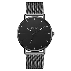 Detailed close-up of a Geneva minimalist black quartz watch with mesh steel band