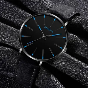 Minimalistische schwarze Herrenuhr aus Edelstahl mit blauen Markierungen und Lederarmband