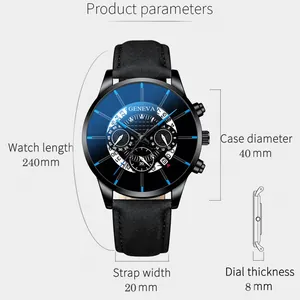 Montre à quartz classique pour homme avec bracelet en cuir noir et détails bleus