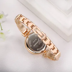 Detail of Ginave G-016 rose gold watch back showing stainless steel engraving and band